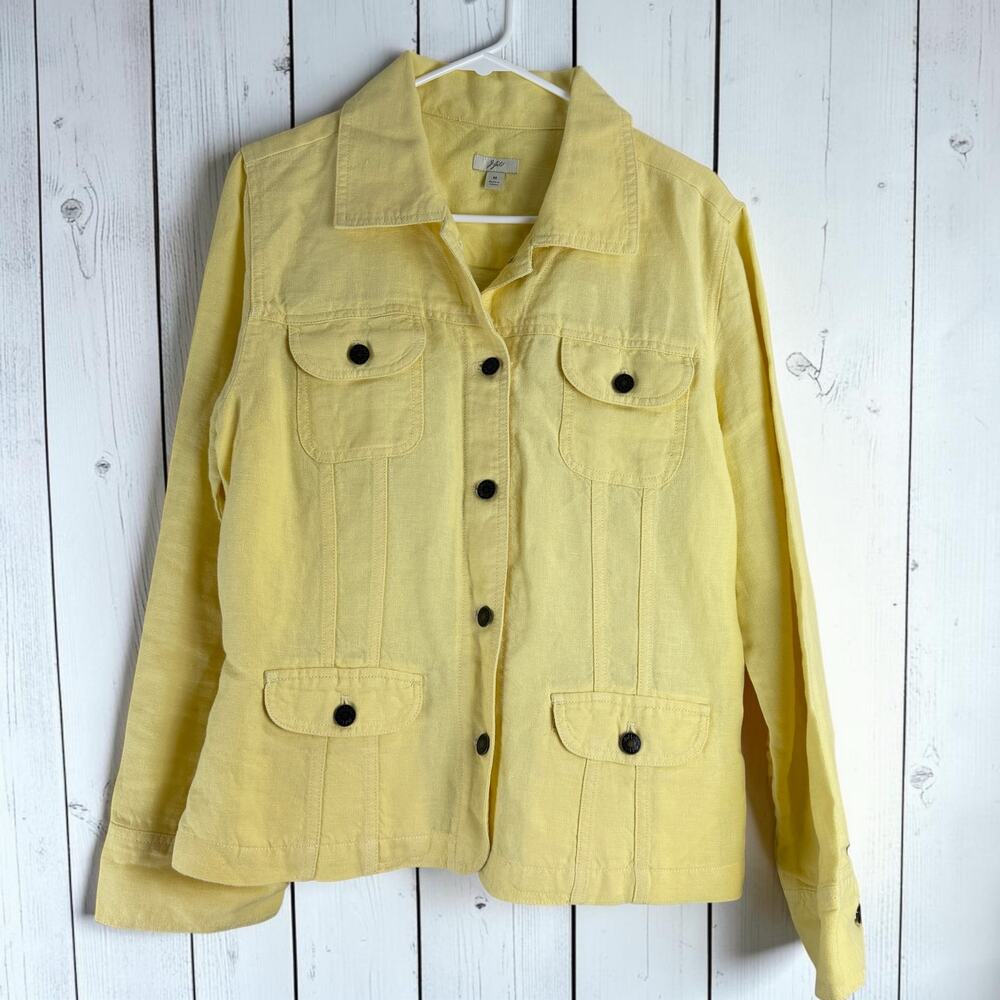 J Jill Linen Utility Jacket Medium Yellow Button Front Minimalist
